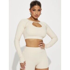 Fashion Nova NWT Crop Long Sleeve Keyhole Top Almond Beige Stretch XL (A03)